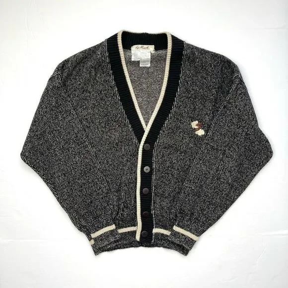 Vintage Sweater Lightning Bolt Patch Black Tan Grandpa Cardigan Size Small - Picture 2 of 12